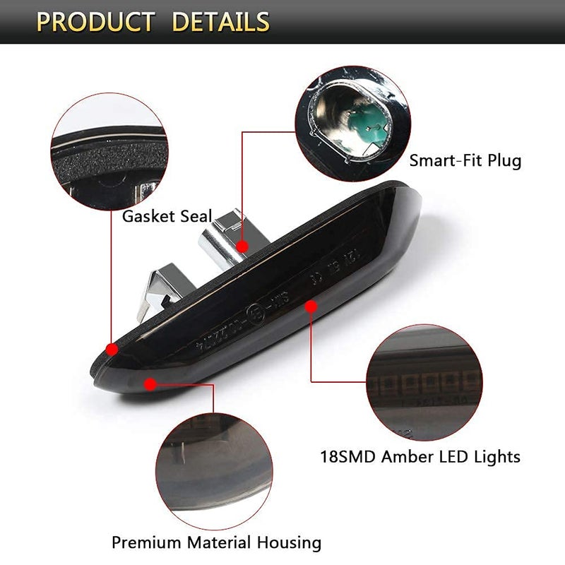 Gempro مجموعة مصابيح إشارة الانعطاف الجانبية LED كهرماني متسلسل من جيمبرو 2 قطع لبي إم دبليو E84 E81 E82 E87 E88 E90 E91 E92 E93 E46 E53 X3 E83 X1، أسود دخاني - Image 5